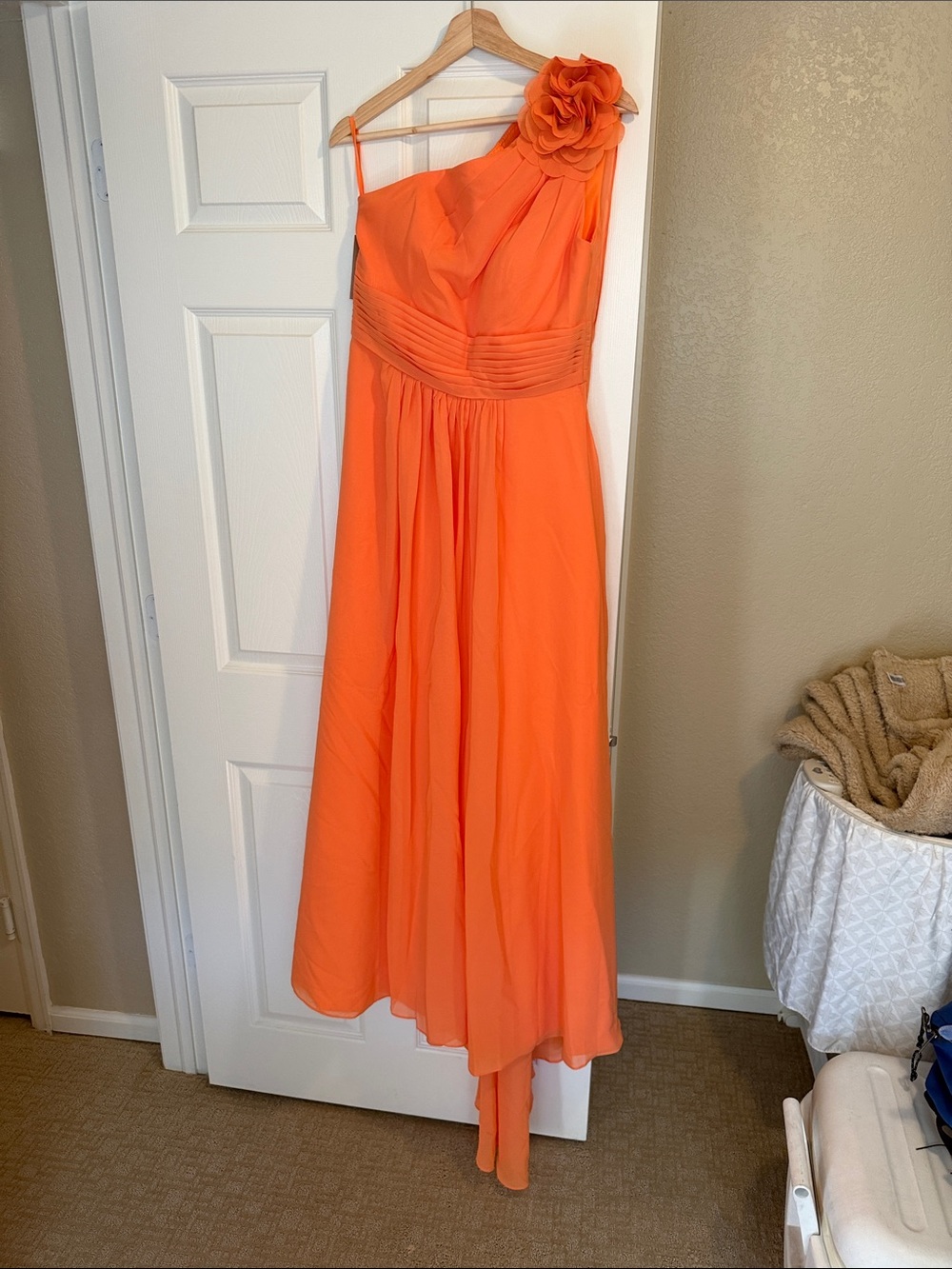 One-Shoulder Orange Chiffon Evening Gown with Floral Accent